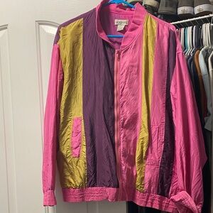 Vintage Bogari Pink Colorblock Bomber Jacket with Purple Yellow Panels 100%silk